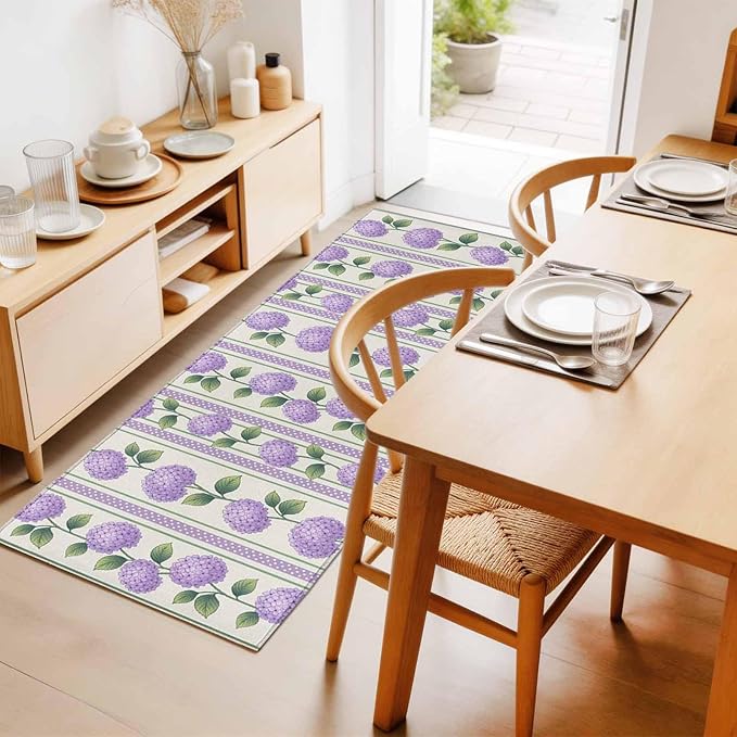 Runner Rug for Bedroom Hallway, Watercolor Hydrangea Flower Kitchen Runner Rugs Area Rug 2x6ft, Spring Floral Leaves on Linen Washable Soft Floor Carpet for Entryway Stair
