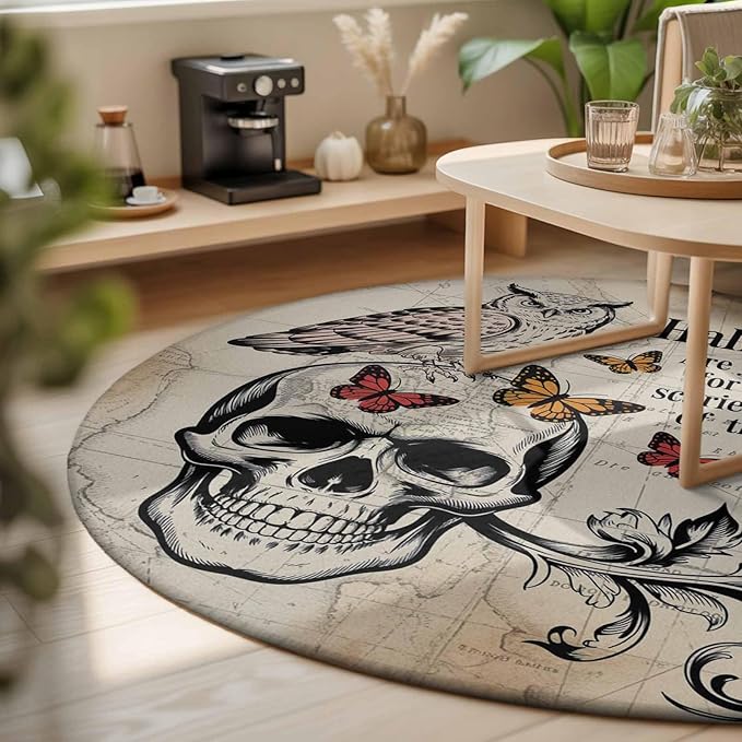Washable Round Area Rug Halloween Skull Owls on Vintage Circle Rugs Floor Carpet for Living Room Bedroom, Retro Butterflies Flower Soft Non Slip Round Rug 3ft