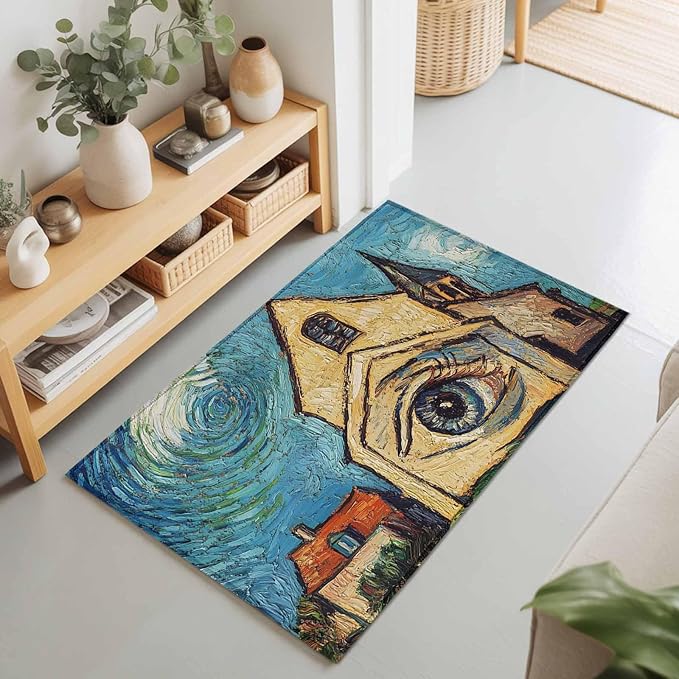 Area Rug 2x3ft, Abstract Farmhouse Starry Night Eye Washable Rugs for Living Room Bedroom, Rustic Oil Painting Art Soft Non-Slip Area Rugs Rectangle Floor Carpet for Dining Room