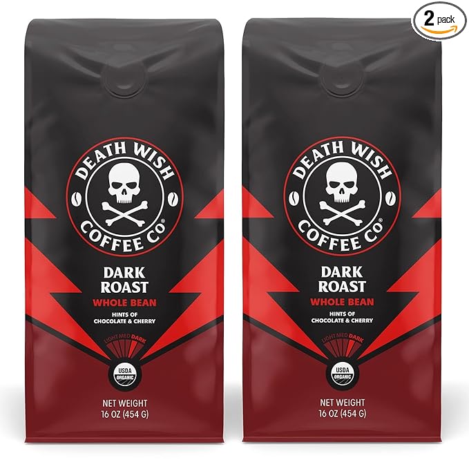 Death Wish Coffee Dark Roast Whole Bean -16 Oz, 2 Packs of Bold & Intense Blend of Arabica & Robusta Beans - USDA Organic - Pack of 2