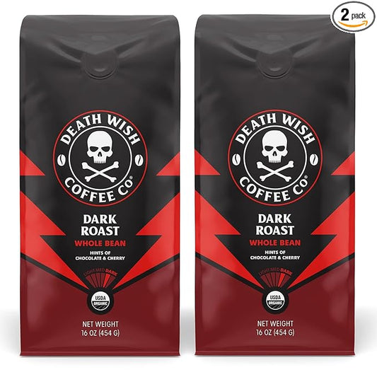 Death Wish Coffee Dark Roast Whole Bean -16 Oz, 2 Packs of Bold & Intense Blend of Arabica & Robusta Beans - USDA Organic - Pack of 2