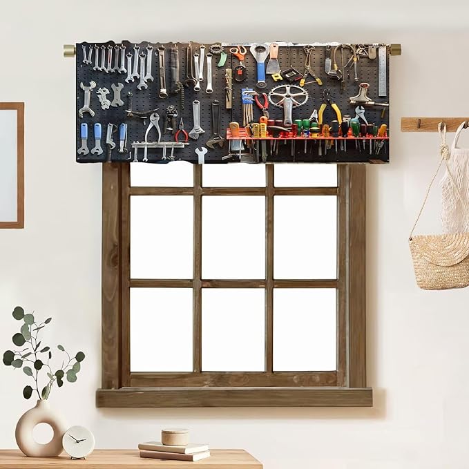 Man Cave Valance Curtain Vintage Style Tools Wall Tool Shed Workshop Fixing Equipment Rod Pocket Valance Window Treatments 1 Panel Short Curtains for Kitchen Living Room 54 x 18 in