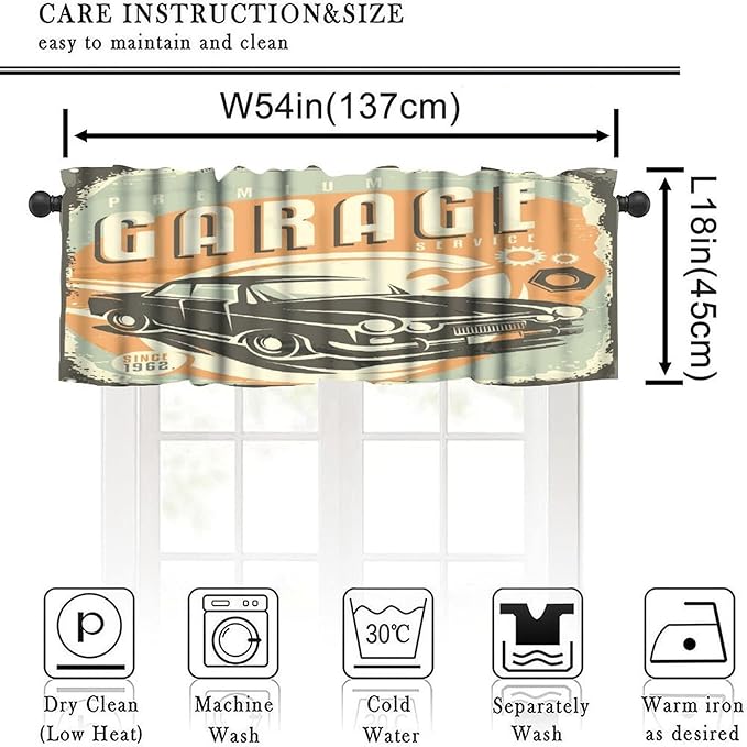 Man Cave Valances Curtains Promotional Retro Design Auto Mechanic Car Service Style Concept Nostalgic Vehicle Windows Short Curtain Valance for Kitchen Bedroom with Rod Pocket, 1 Panel 54X18 Inches