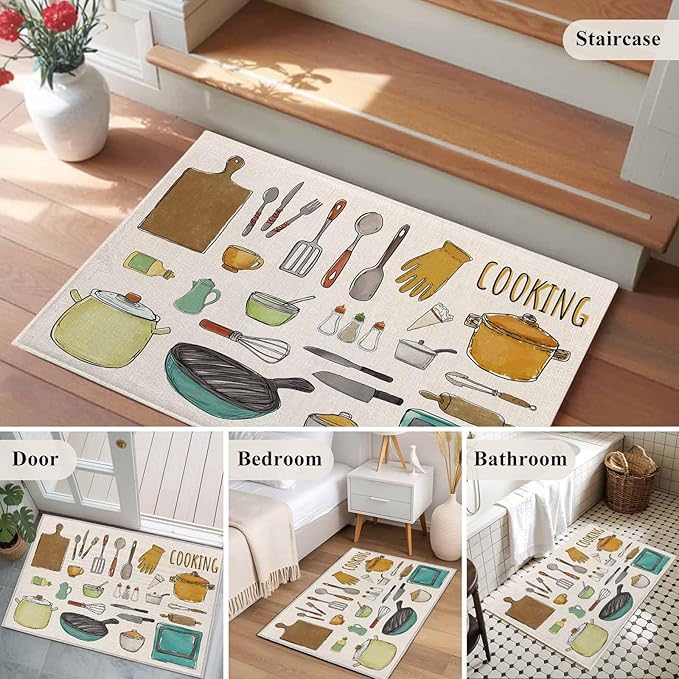 Cooking Kitchenware Kitchen Tool Pattern Rectangle Rugs 2x3ft for Living Room Washable Circle Rug Non-Slip Carpet Soft Mat for Bedroom Dining Room Bathroom Home Holiday Decorations Indoor