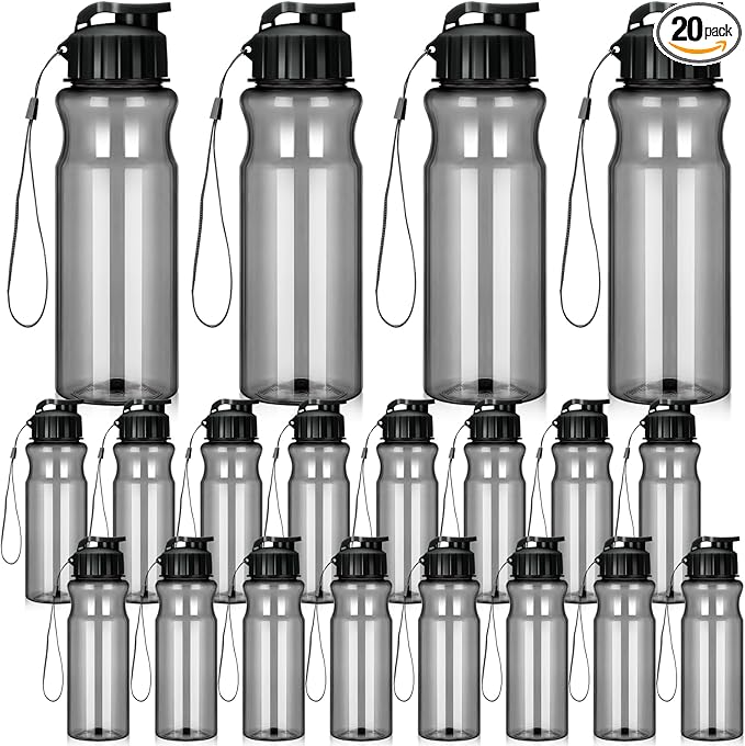 Tioncy 20 Pieces Plastic Water Bottles for Adults Bulk 17 oz Sport Drink Bottles with Handle Strap Lightweight Leakproof Drink Flip Top cups for Party Outdoor(Black,fresh style)