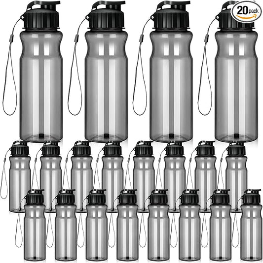 Tioncy 20 Pieces Plastic Water Bottles for Adults Bulk 17 oz Sport Drink Bottles with Handle Strap Lightweight Leakproof Drink Flip Top cups for Party Outdoor(Black,fresh style)