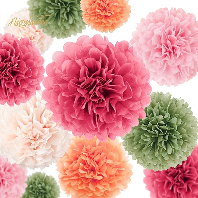 NICROLANDEE Wedding Party Decorations - 15Pcs Pink, Sage Green, Ivory Tissue Paper Pom Pom for Birthday Pastel Decorations, Engagement Baby/Bridal Shower Anniversary Valentine Dot Paper Backdrop Decor