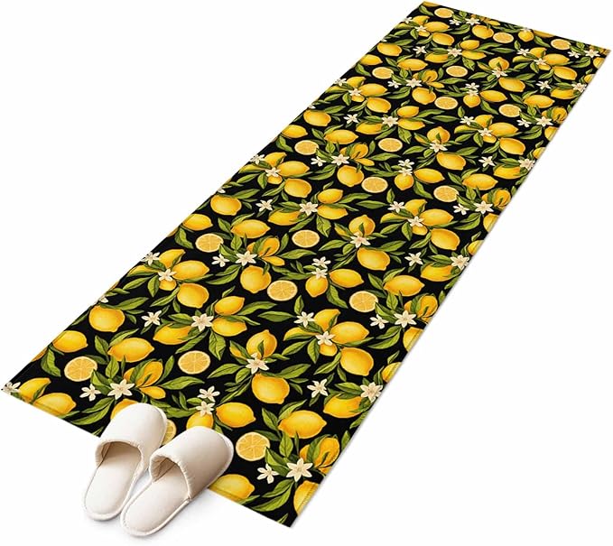 Runner Rug for Bedroom Hallway, Summer Lemon Flower Kitchen Runner Rugs Area Rug 2x6ft, Plant on Black Washable Soft Floor Carpet for Entryway Stair