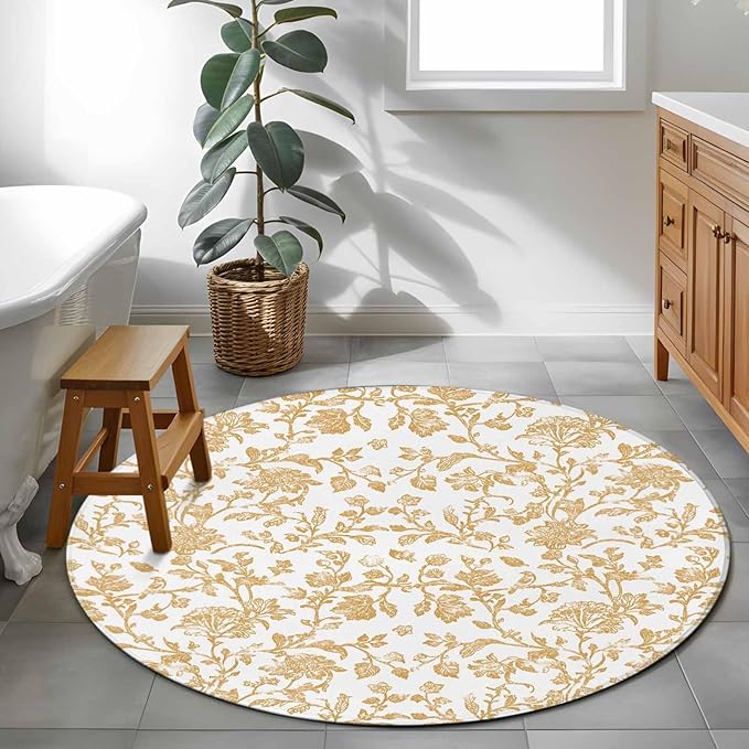 Washable Round Area Rug Vintage Farmhouse Flowers Pattern Circle Rugs Floor Carpet for Living Room Bedroom, Yellow Floral Art Soft Non Slip Round Rug 4ft
