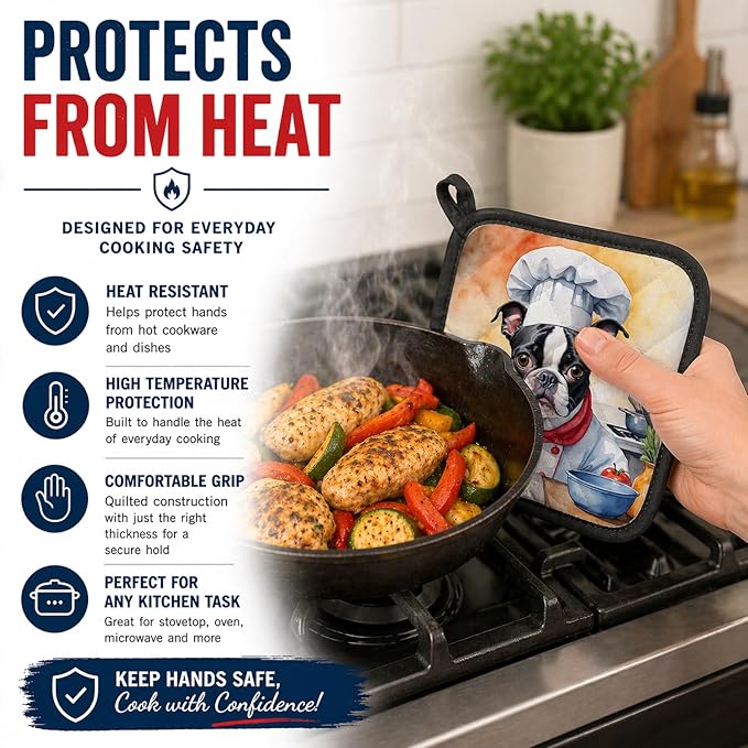 Caroline's Treasures Boston Terrier The Chef Pair of Pot Holders Kitchen Heat Resistant Pot Holders Sets Oven Hot Pads for Cooking Baking BBQ, 7 1/2 x 7 1/2
