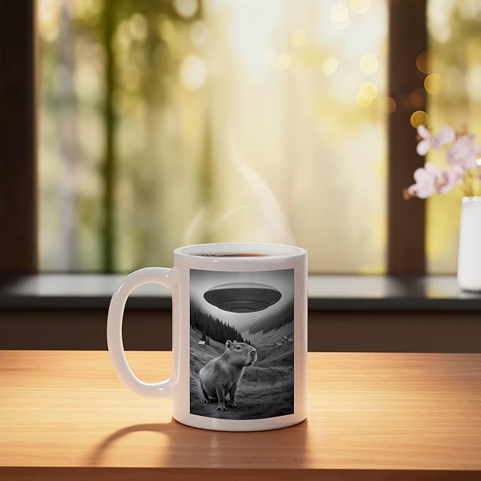 Vintage Capybara UFO Abduction Surreal Ironic Meme Ceramic Mug, White