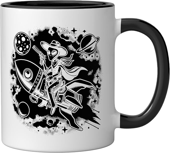 Alien Lover Flying Saucer UFO Extraterrestrial Cowboy Ceramic Mug, Black/White