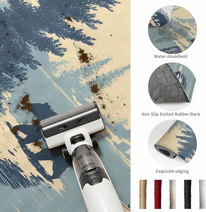 Area Rug 3x5ft, Winter Bear Evergreen Trees Washable Rugs for Living Room Bedroom, Rustic Snow River Soft Non-Slip Area Rugs Rectangle Floor Carpet for Dining Room
