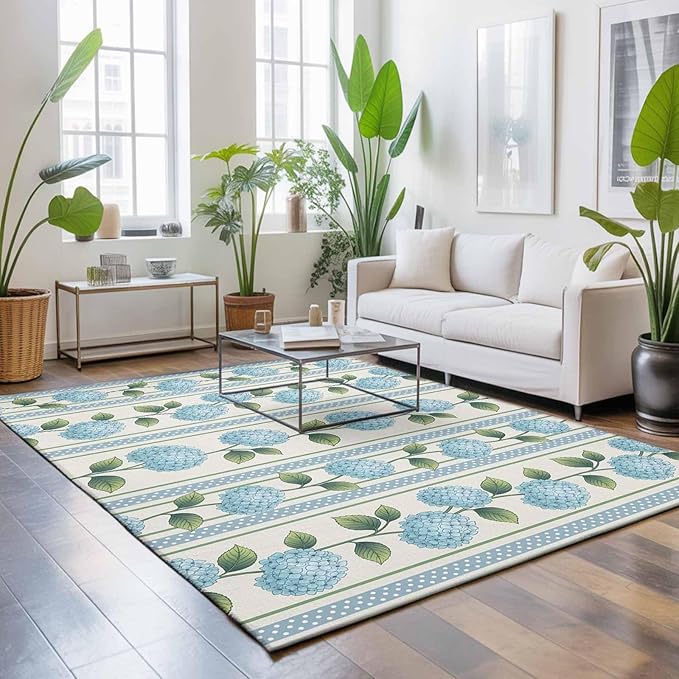 Area Rug 9x12ft, Spring Blue Flower Hydrangea Leaf Washable Rugs for Living Room Bedroom Rectangle Floor Carpet, Floral Stripes on Linen Soft Non-Slip Area Rugs for Dining Room