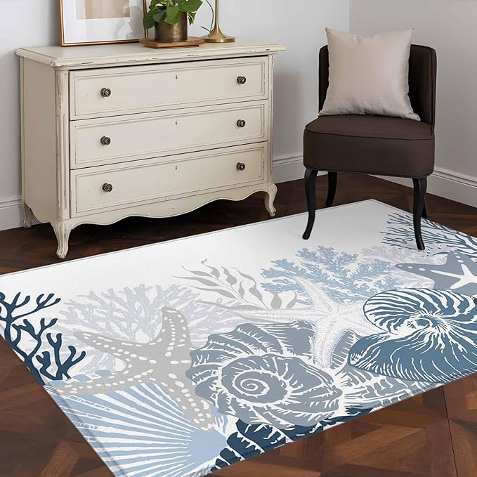 Area Rug 3x5ft, Underwater Blue Shells Starfish Coral Washable Rugs for Living Room Bedroom, Summer Botantical Soft Non-Slip Area Rugs Rectangle Floor Carpet for Dining Room