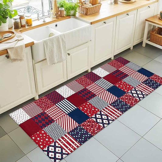 Runner Rug for Bedroom Hallway, Abstract Splicing Stars Stripes Kitchen Runner Rugs Area Rug 2x6ft, Independence Day Red Blue White Washable Soft Floor Carpet for Entryway Stair