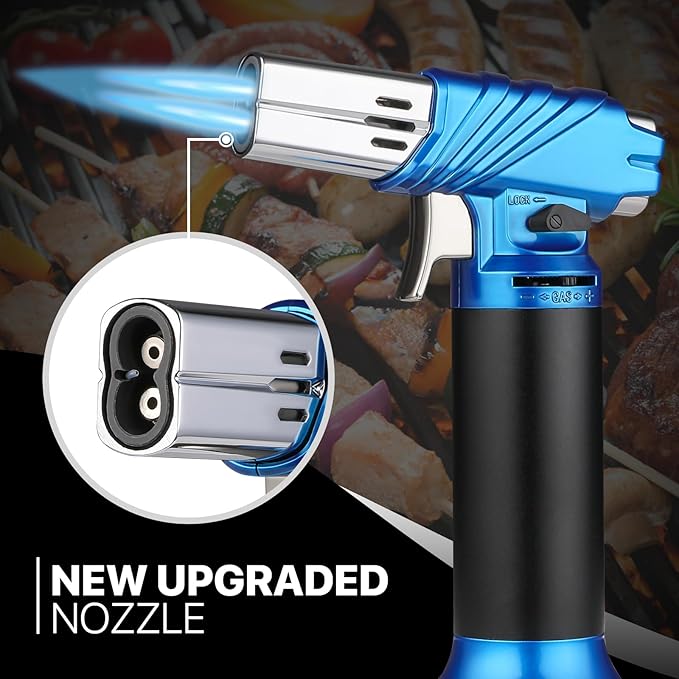 mollie Mini Butane Torch Lighter with Adjustable Flame, Small Refillable Kitchen Cooking Blow Torch for Creme Brulee, Windproof Baking Torch with Safety Lock, Blue 2-Pack (Butane Gas Not Included)