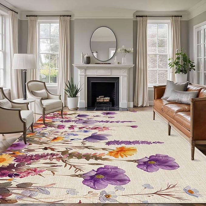 Area Rug 6x9ft, Country Flower Purple Lavender Plant Washable Rugs for Living Room Bedroom, Retro Linen Soft Non-Slip Area Rugs Rectangle Floor Carpet for Dining Room