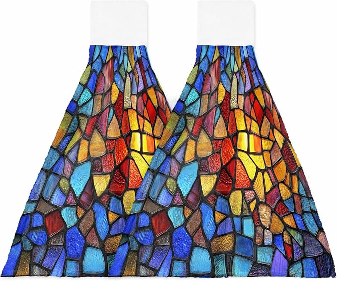 Alandar Home Kitchen Tie Towel Set of 2, Stained Glass Colorful Gradient Absorbent Soft Hand Towels for Bathroom Hanging Towels, Abstract Geometric Fast Drying Cleaning Cloth with Loop