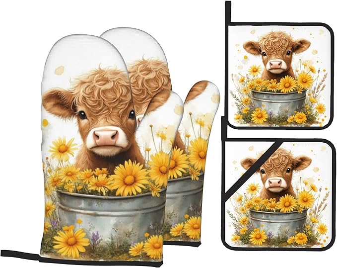 Highland Cow Flower Oven Mitts with Matching Potholders - Heat Resistant Kitchen Accessories for Baking, Grilling, Cooking, Gifts for Women