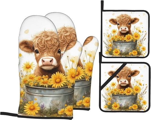 Highland Cow Flower Oven Mitts with Matching Potholders - Heat Resistant Kitchen Accessories for Baking, Grilling, Cooking, Gifts for Women
