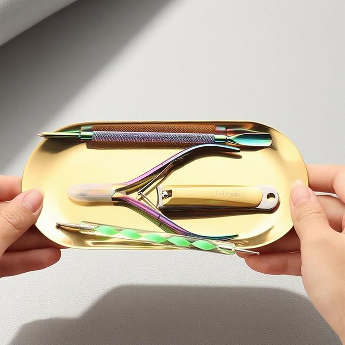 SUTOKAKA Decorative Serving Tray, Manicure Tools Storage Dish, Perfume Jewelry Dinner Placing Plate for Bedroom Kitchen Salon Supplies (Gold - 2PC, 7.09 * 3.35 * 0.39 INCH)