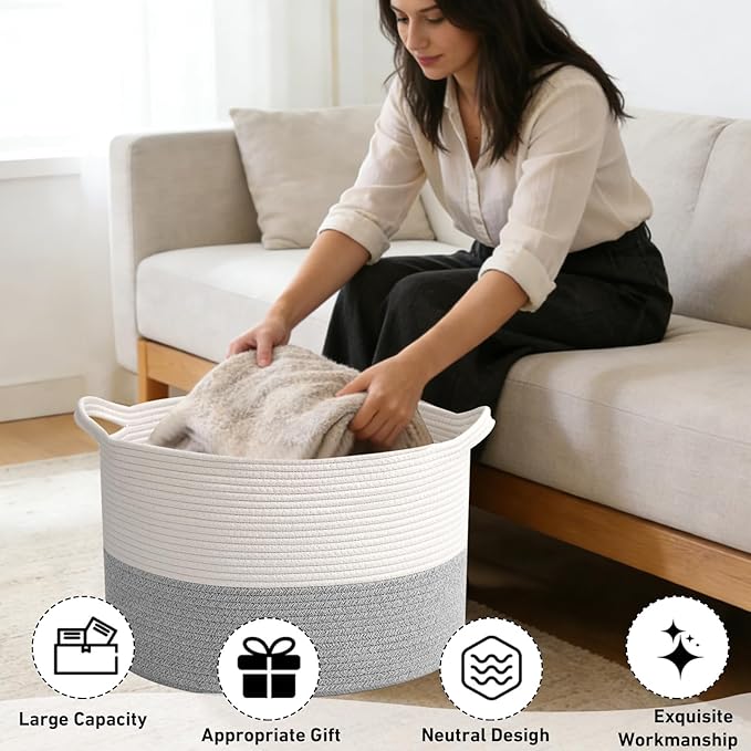 65L Large Blanket Basket,Woven Rope Laundry Basket Hamper with Handles,Decorative Nursery Basket Storage Bin for Toys, Pillows , Clothes Organizer, Living Room, Bedroom, Bathroom, White&Grey
