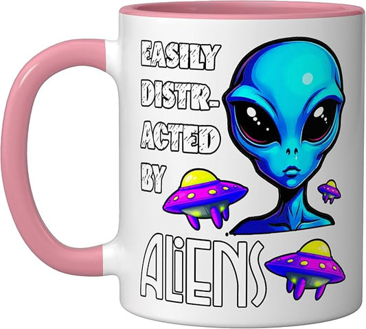 Easily Distracted By Aliens Funny Sci Fi Apparel Design Ceramic Mug, Pink/White