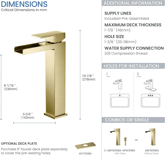 KIBI Waterfall Bathroom Sink Faucet | Single Handle Brass Vanity Faucet with Water Supply Hose | Durable Brass Construction and Smooth Water Flow | Brushed Gold Finish, KBF1005 (Pop Up Drain Included)