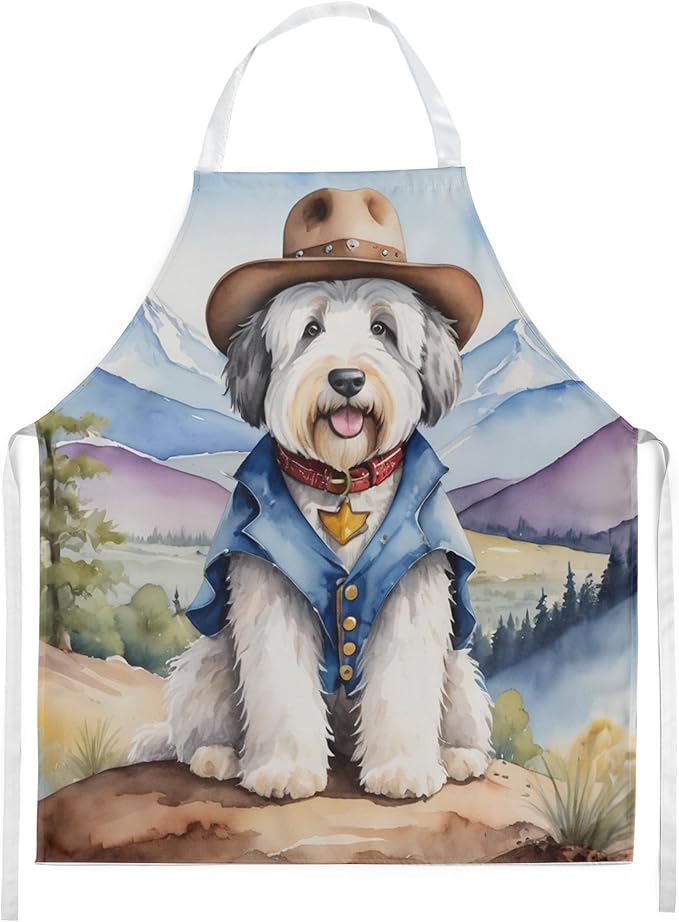 Caroline's Treasures Old English Sheepdog Cowboy Welcome Apron Cooking Kitchen Server Baking Crafts Gardening for Adult Women Men, Unisex, Large, Multicolor