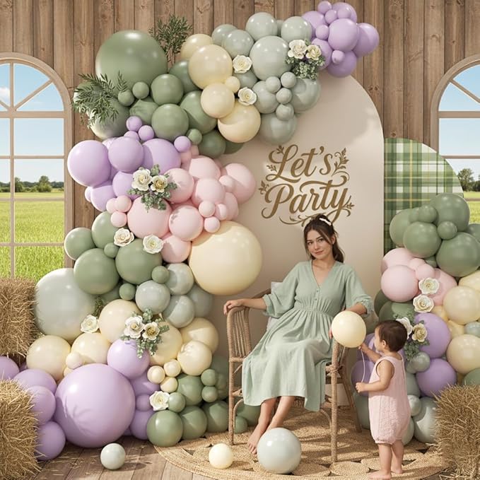 Pastel Balloon Arch Garland Kit 154pcs, Double Stuffed Light Green Sage Green Purple Yellow Macaron Pink Balloons Arch Kit for Wildflower Baby Shower Wedding Birthday Party Decorations