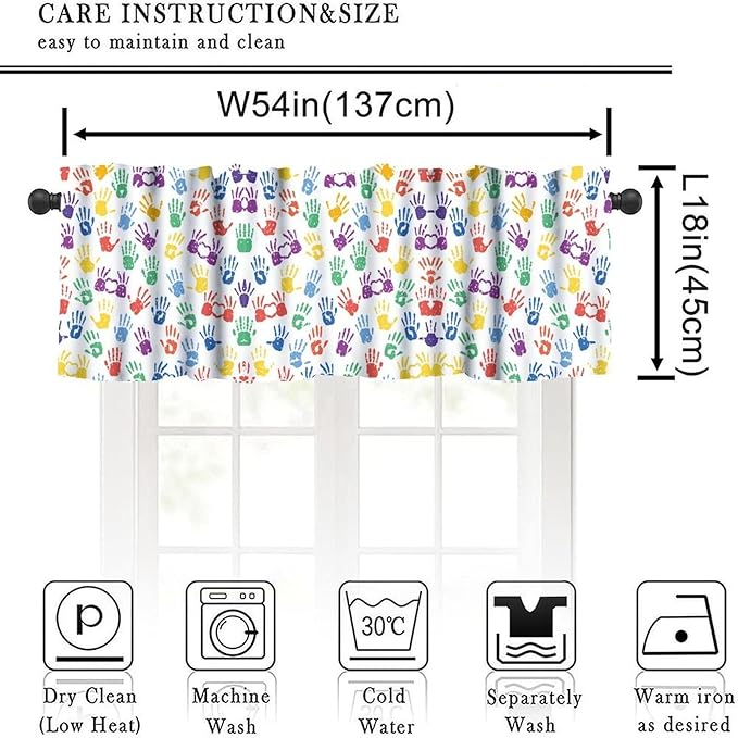 Colorful Handprint Valance, Back to School First Day Kids Students Short Window Treatment for Kitchen Bedroom School Classroom, 54x18Inch
