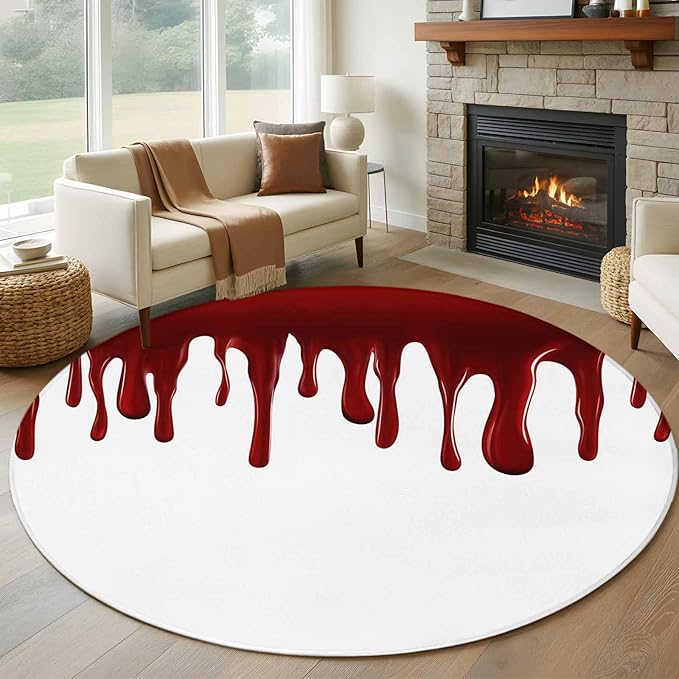 Washable Round Area Rug Halloween Pattern Circle Rugs Floor Carpet for Living Room Bedroom, Horror Red Fluid Style Soft Non Slip Round Rug 5ft