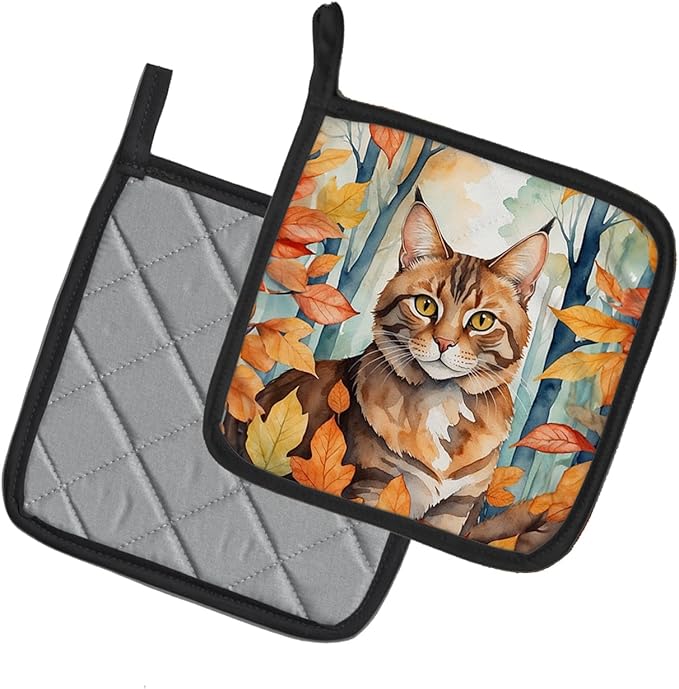 Caroline's Treasures Sokoke Cat in Fall Leaves Pair of Pot Holders Kitchen Heat Resistant Pot Holders Sets Oven Hot Pads for Cooking Baking BBQ, 7 1/2 x 7 1/2