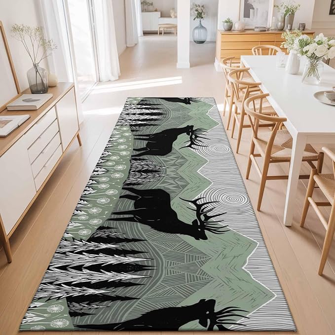 Runner Rug for Bedroom Hallway, Black Wildlife Elk Kitchen Runner Rugs Area Rug 2x6ft, Bohemian Green Mountain Peaks Washable Soft Floor Carpet for Entryway Stair