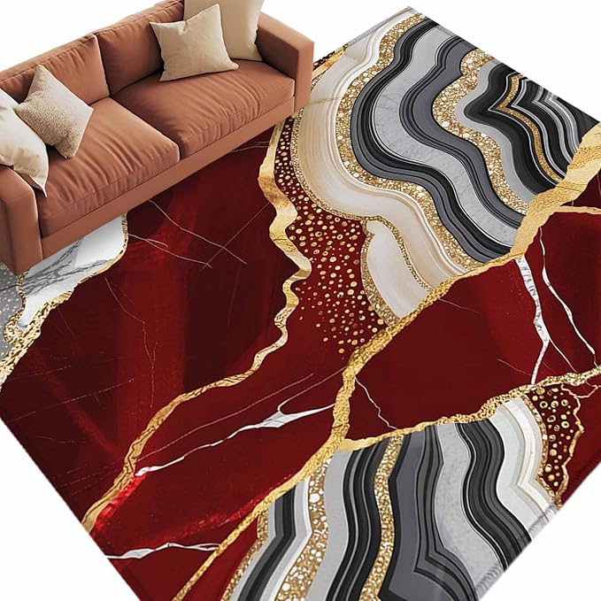 Area Rug 6x9ft, Abstract Flowing Marble Fluid Art Washable Rugs for Living Room Bedroom, Red and Gold Lines Soft Non-Slip Area Rugs Rectangle Floor Carpet for Dining Room