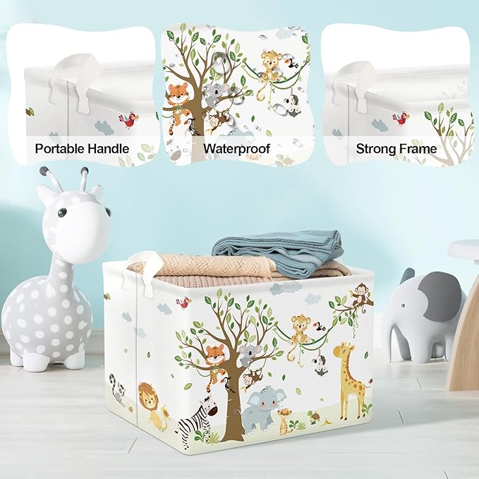Clastyle 36L Woodland Vine Animal Tree Nursery Decor Baby Basket Collapsible Rectangle Giraffe Monkey Tiger Clothes Toy Book Shelf Basket