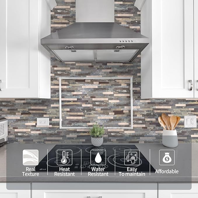 Yipscazo 10 Sheets Peel and Stick Stone Metal Tile Backsplash, Stick on Tiles for Backsplash Kitchen, Bathroom, Laundry Room, Camper, Fireplace (12'' X 12'', Mix Rustic with Gold)