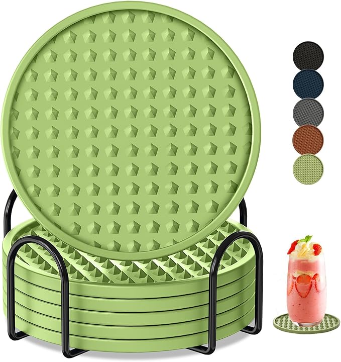 Coasters for Drinks 6 Pack Drinking Coaster with Holder,Heat Resistant Silicone Cup Mat Tabletop Protection,Non-Slip Rubber Coasters for Kinds of Cups (Green)