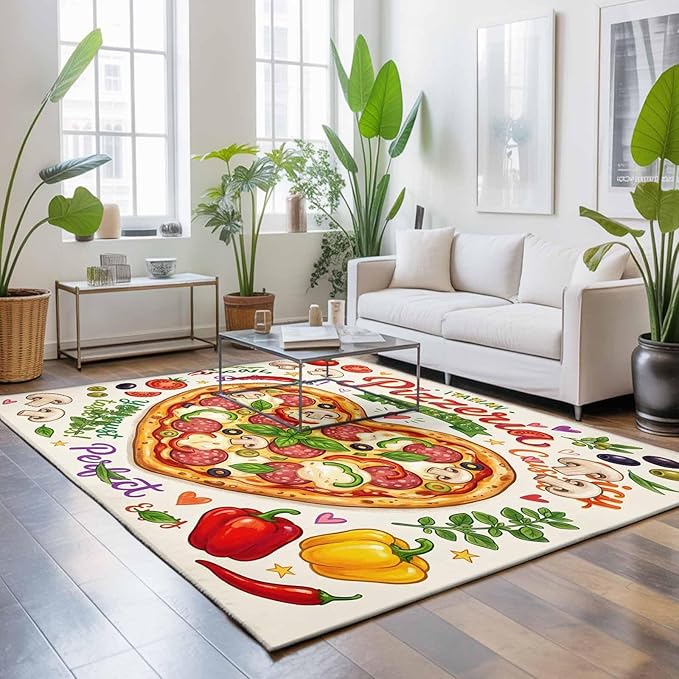 Area Rug 9x12ft, Cartoon Pizza Watercolor Graffiti Washable Rugs for Living Room Bedroom Rectangle Floor Carpet, Farmhouse Vegetable Leaves Soft Non-Slip Area Rugs for Dining Room