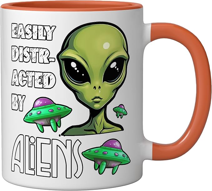 Easily Distracted By Aliens Funny Sci Fi Apparel Design Ceramic Mug, Orange/White