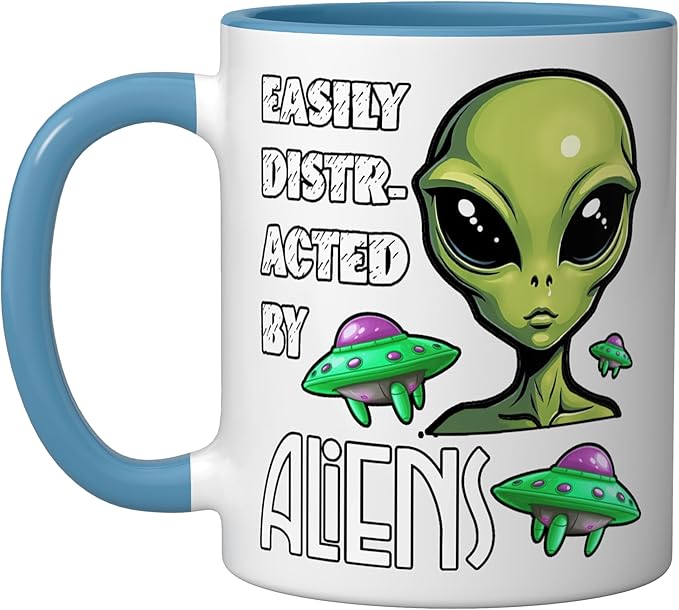 Easily Distracted By Aliens Funny Sci Fi Apparel Design Ceramic Mug, Blue/White