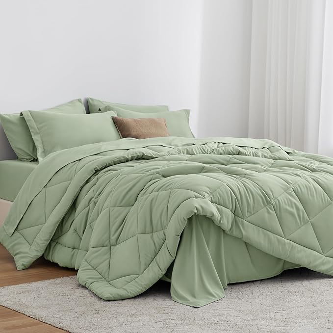 Love's cabin Twin Comforter Set Sage, 5 Pieces Twin Bed in a Bag, All Season Bedding Sets with 1 Comforter, 1 Flat Sheet, 1 Fitted Sheet, 1 Pillowcase and 1 Pillow Sham | Soft, Breathable, Lightweight, Comfortable
