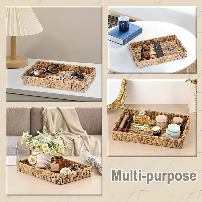 Decorative Key Holder for Entryway Table Handwoven Natural Water Hyacinth Basket Tray Rectangular Serving Tray, 11.9" x 7.9" x 1.6"