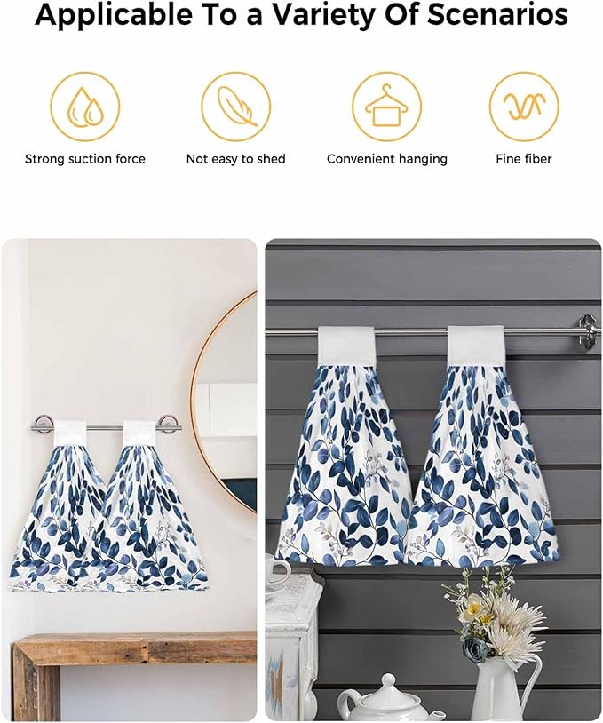 Alandar Home Kitchen Tie Towel Set of 2, Pastoral Eucalyptus Leaves Absorbent Soft Hand Towels for Bathroom Hanging Towels, Navy Blue Botanical On White Fast Drying Cleaning Cloth with Loop