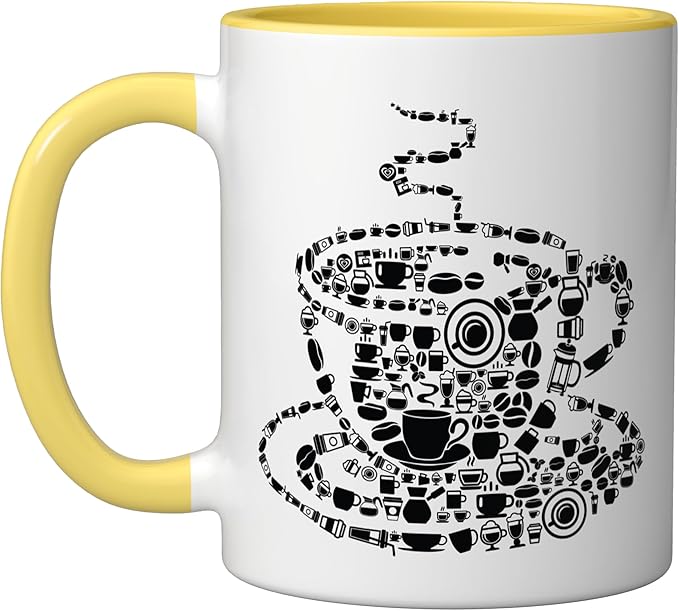 Coffee Brewed Steaming Java Picture Mosaic Cup Saucer Pot Ceramic Mug, Yellow/White