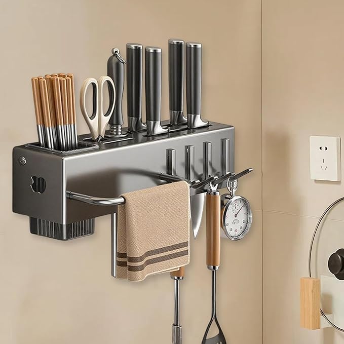 Wall Utensil Rack, Hanging Cutlery Organizer, Storage Kitchen Fixture, No-Borer Hook Hanger, Cooking Tool Spatula Spoon Holder, Home Accessory for Towel, Pan, Pot