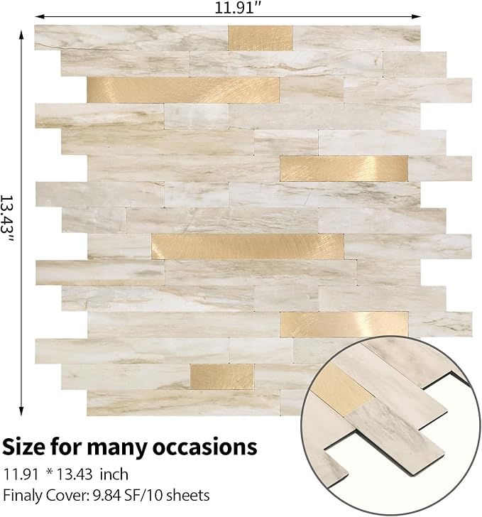 Yipscazo 10 Sheets Peel and Stick Stone Metal Tile Backsplash, Stick on Tiles for Backsplash Kitchen, Bathroom, Laundry Room, Camper, Fireplace (12'' X 12'', Beige Stone with Gold)