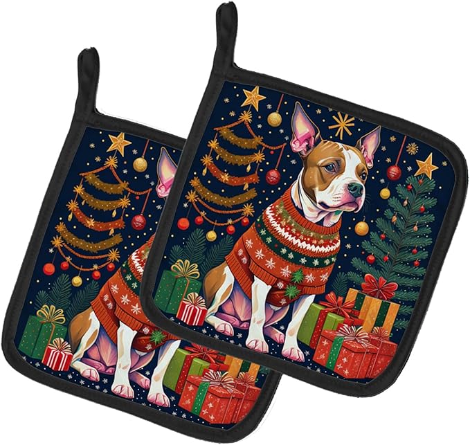Caroline's Treasures Pit Bull Terrier Christmas Pair of Pot Holders Kitchen Heat Resistant Pot Holders Sets Oven Hot Pads for Cooking Baking BBQ, 7 1/2 x 7 1/2
