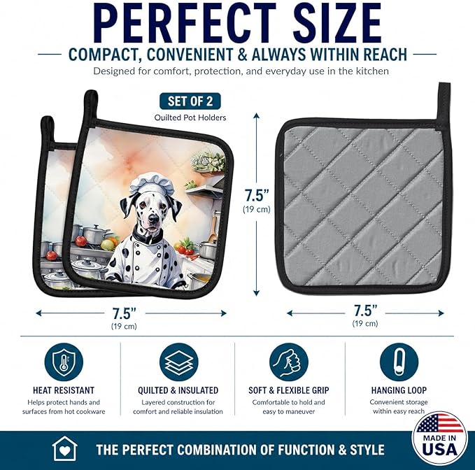 Caroline's Treasures Dalmatian The Chef Pair of Pot Holders Kitchen Heat Resistant Pot Holders Sets Oven Hot Pads for Cooking Baking BBQ, 7 1/2 x 7 1/2